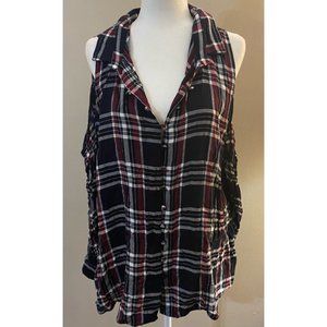 Cold Shoulder Plaid Flannel Top